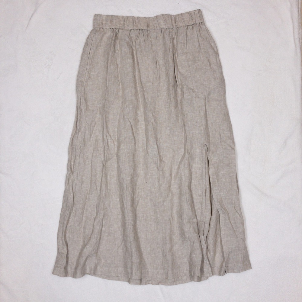 Quince 100% European Linen Maxi Skirt Womens Large Tan Flax Elastic Slit New